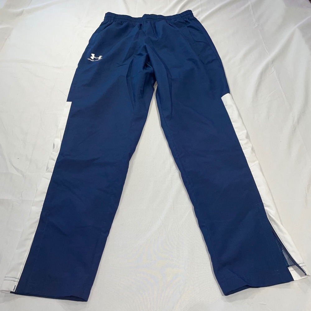 Under Armour Mens Navy Blue White Stripe Mesh Lined Track Pants Medium MD Loose